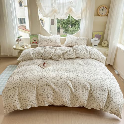 Image of VM VOUGEMARKET Girls Duvet Cover Set Twin Soft Lightweight Muslin Cotton Floral Duvet Cover with 2 Pillowcases Vintage Botanical Bedding Comforter Cover with Zipper Ties
