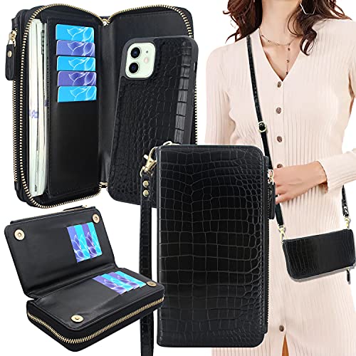 Lacass Dual Zipper Leather Wallet Case Card Slots [Cards Theft Scan Protection] Detachable Magnet Phone Cover Money Pocket Crossbody Chain Lanyard for iPhone 12/12 Pro (Black)