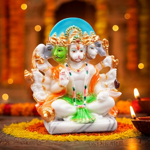 Image of Panchmukhi Hanuman Murti 6 inch Marble Dust Multicolour God Idol for Home Decor, Pooja Room,Temple,Vastu Statue,Gifting