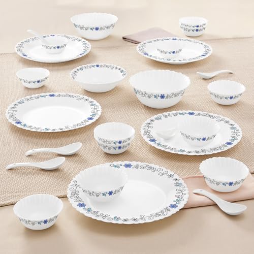 Image of Larah by Borosil Silk Series Blue Iris Opalware Dinner Set | 27 Pieces for Family of 6 | Microwave & Dishwasher Safe | Bone-Ash Free | Crockery Set for Dining & Gifting | Plates & Bowls | White