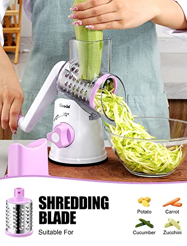 Image of Geedel Rotary Cheese Grater, Kitchen Mandoline Vegetable Slicer with 3 Interchangeable Blades, Easy to Clean Rotary Grater Slicer for Cheese, Vegetables, Nuts