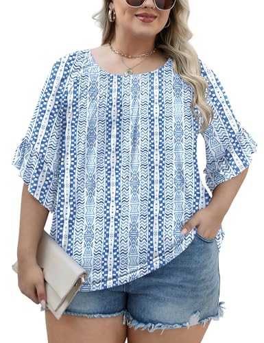 Image of Micoson Womens Plus Size Tops 3 /4 Ruffle Sleeve Crewneck Pleated Shirts
