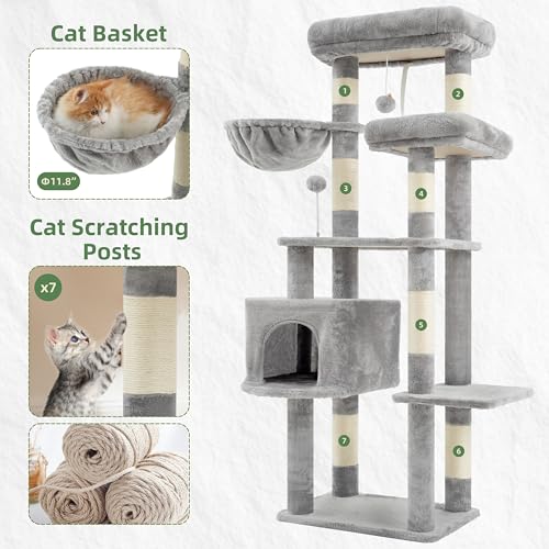 Image of Gitelsnour 55.1'' Cat Tree Tower for Indoor Cats, Large Platform, CCT013W | 7 Sisal Scratching Posts, Multi-level Cat Condo Cat Cave, 2 Padded Perches, Basket, Furry Ball, Toy, Light Gray