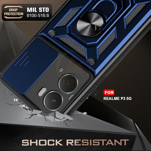 Image of Armor Bumper Back Cover Case for Realme P3 5G Rotating Camera Cover, Ring Holder & Kickstand | Heavy Duty & 360 Degree Protection Realme P3 5G Back Cover (Blue)