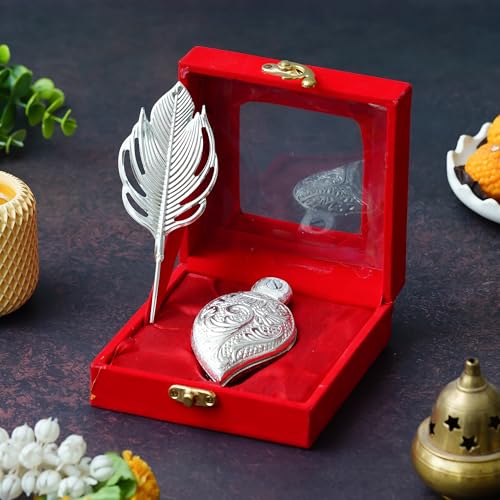 Webelkart Premium Silver Kumkum Box With Leaf And Red Velvet,Roli|Chawal|Chandan|Haldi|Kumkum Puja Box|Sindoor Box- Diwali Gift Item,Roli Chawal Box (5' Inches)