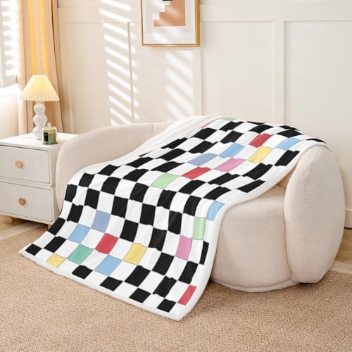 Image of Erosebridal Black White Checkered Kids Fleece Bed Blanket 40 inchX50 inch Colorful Checkerboard Grid Throw Blanket Funky Plaid Sherpa Blanket for Boys Girls Groovy Gingham Fuzzy Blanket for Couch