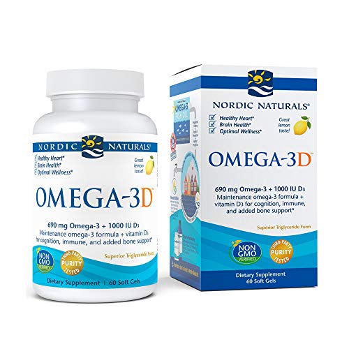 Nordic Naturals Omega-3D, Lemon Flavor - 690 mg Omega-3 + 1000 IU Vitamin D3 - 60 Soft Gels - Fish Oil - EPA & DHA - Immune Support, Brain & Heart Health, Healthy Bones - Non-GMO - 30 Servings