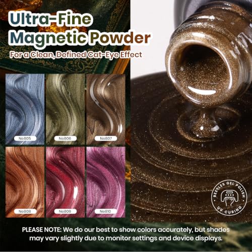 Image of Beetles Cat Eye Gel Nail Polish Set, Timeless Amber 6 Colors Fall Nail Gel | Glitter Gel Blue Olive Green Brown Burgundy Red Purple Magnetic Glass Effect Soak Off UV Manicure with Magnet Gift for Women