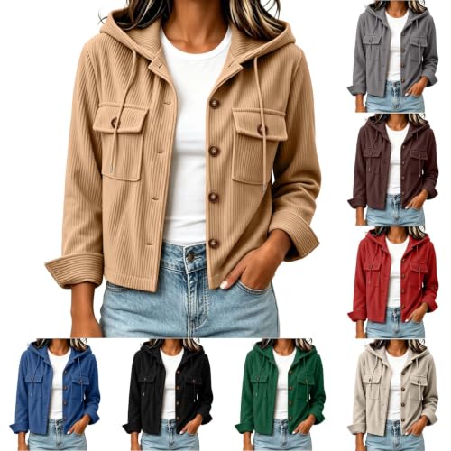 Womens Corduroy Jacket Hoodie Long Sleeve Button Down Cropped Jackets - image 1