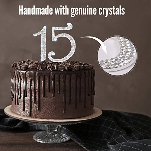 15 Cake Topper, 15th Happy Birthday, Anniversary, Vow Renewal, Crystal Rhinestones on Silver Metal, Party Decorations, Favors - Thumbnail 2