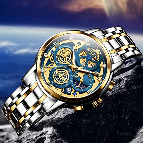Image of OLEVS Skeleton Watch for Men Stainless Steel Chronograph Watch for Men Classic Waterproof Mens Watches with Date Luxury Business Men's Analog Wrist Watches, relojes para Hombres Blue /Black /Gold /White