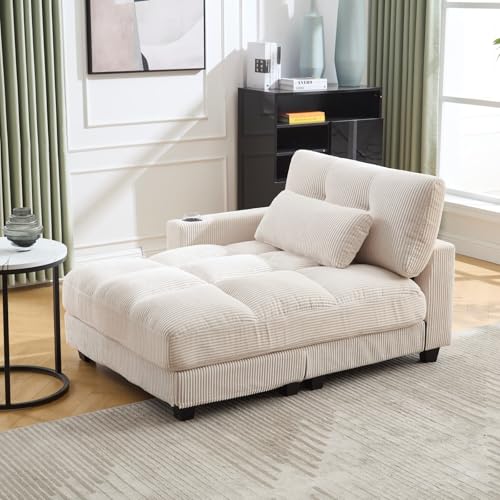 KOMHTOM Canapé Moderne 2 Places Fauteuil avec Ports 2 USB/Type-C et 2 Porte-Gobelets, Canapé d'angle Salon avec Main Courante Latérale à roulettes (Beige)