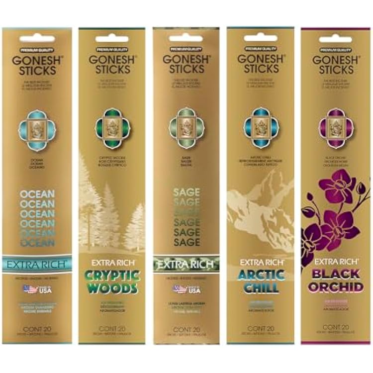 Gonesh - Extra Rich Scented Incense Sticks Variety Pack - Non-Toxic 10 Slow Burn Aromatic Sticks - Ocean, Cryptic Woods, Sage, Arctic Chill, Black Orchid - 5 Packs of 20