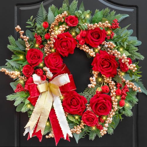 Pinkpuii Pre-lit Christmas Wreaths for Front Door 24 Inch- Outdoor Xmas Wreath with Lights, Lighted Valentine's Day Wreath with Red Roses,Golden Ball Ornament and Red Bow for Holiday Door Decorations