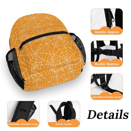 Orange Spider Web Halloween 13 Inch Backpack Lightweight Double Shoulder Bag with Zippers Unisex Daypack3