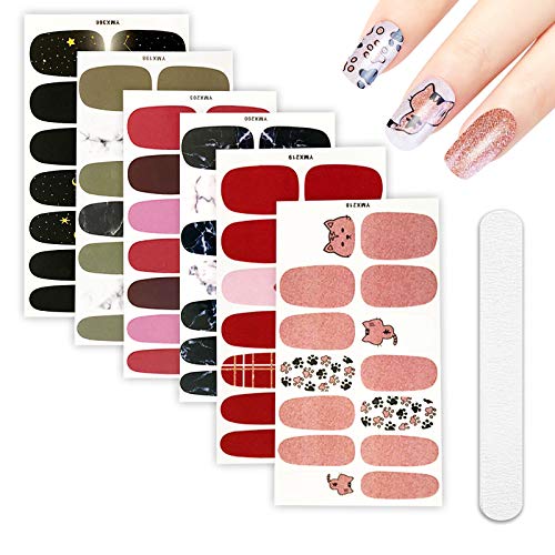 6 Sheets Full Nail Wraps Art Polish Stickers Decal Strips Adhesive False Nail Design Manicure Set With 1Pc Nail Buffers Files For Women Girls