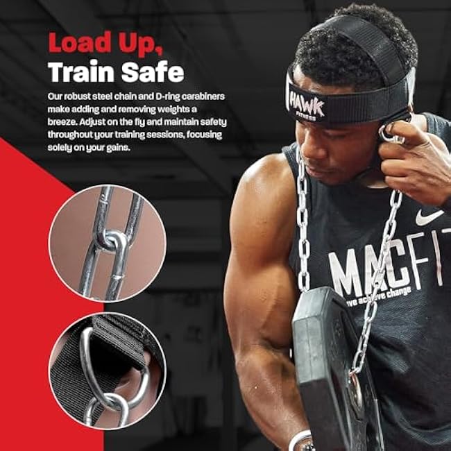 Hawk Sports Neck Harness for Men and Women with Adjustable Neck Strap and 30 Steel Chain for Safely Lifting Weights Up to 150 lbs., Neck Exercise Equipment for Muscle Growth and Strength Training