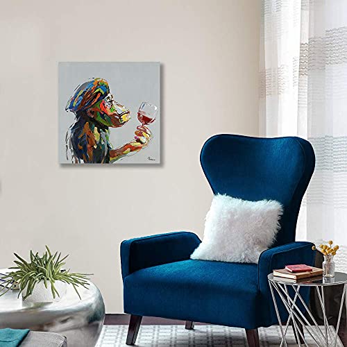 Yidepot Monkey Wall Art Canvas Thinking: Monkey Painting On Canvas Drinking Wall Decor For Living Room Office Framed Ready To Hang (24"X24"X1 Panel) #TOP5