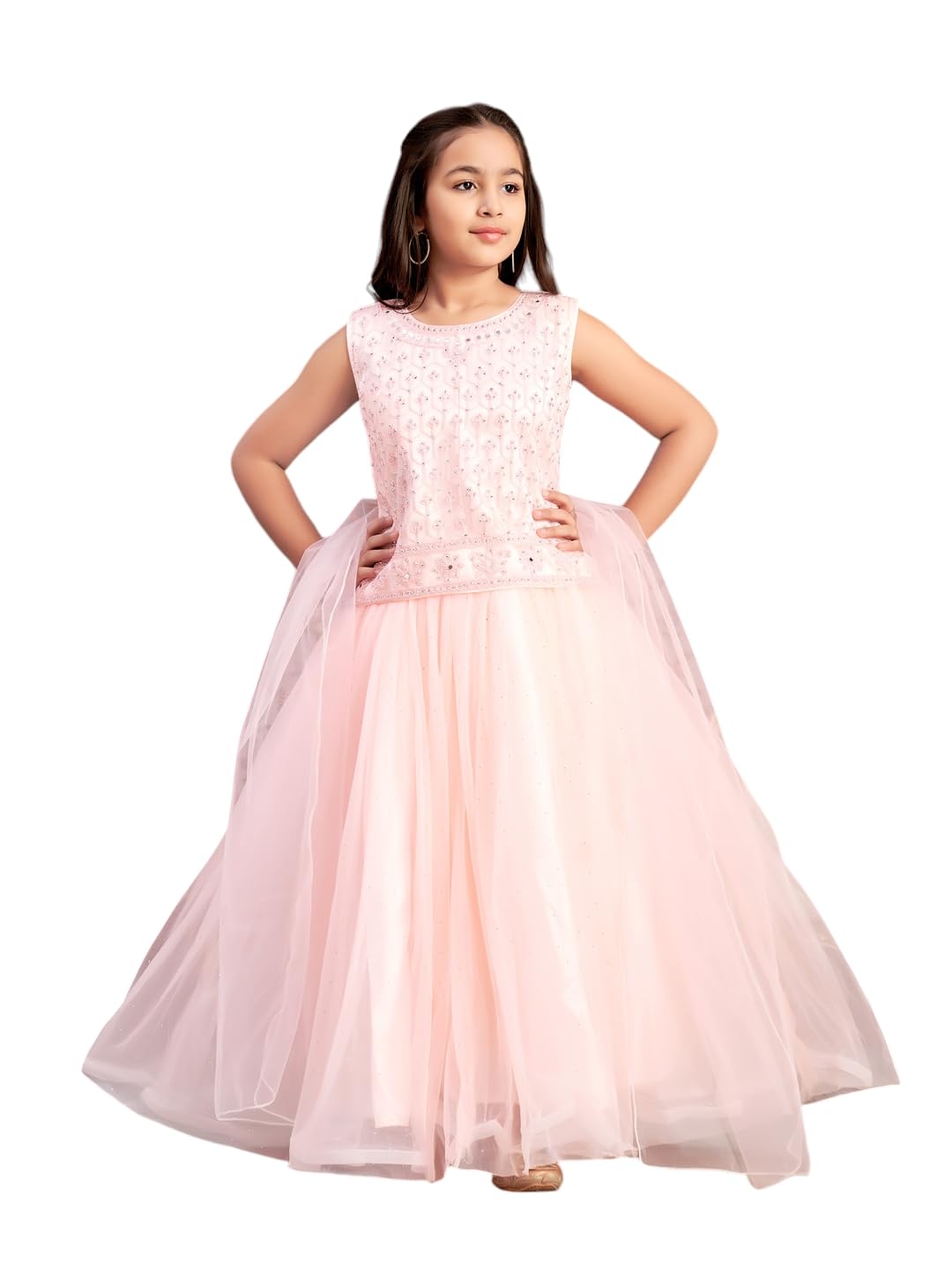 Aarika Girls Ethnic Wear Peach Colour Mirror Embroidery Net Lehenga Choli Set With Dupatta-3-13 Years (Lch-18273)