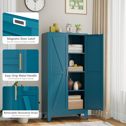 Image of Bevivog 61 inch Farmhouse Metal Storage Cabinet with 2 Doors and 3 Adjustable Shelves, Tall Bathroom Cabinet Freestanding, Blue Metal Pantry Cabinets for Kitchen, Living Room, Home Office