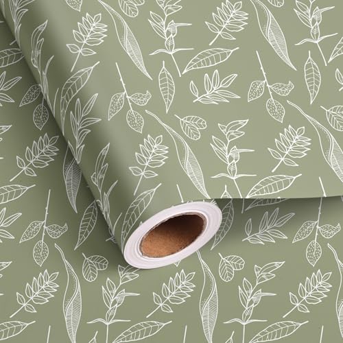 Dtiafu Sage Green Wrapping Paper Roll - 17 Inch x 16.5 Feet - Green Leaves Design Spring Gift Wrap for Women Girls Wedding Birthday Mothers Day
