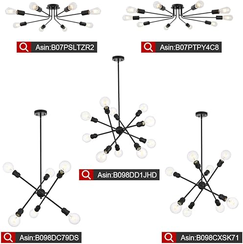 Miniatura 6 de Lámpara de techo semiempotrada de 6 luces moderna Sputnik lámpara de techo negra de metal vintage E26 lámpara de techo para sala de estar,