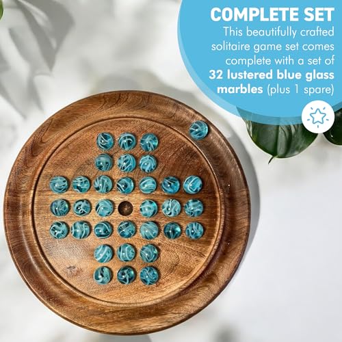 Solitaire Brettspiel aus Holz, 22 cm Durchmesser, ab 10 Jahren, mit brillanten blauen Sauerstoffglas-Marmoren, klassisches Solitär-Spiel aus Holz, Strategie-Brettspiel, Familien-Brettspiel, Spiele für