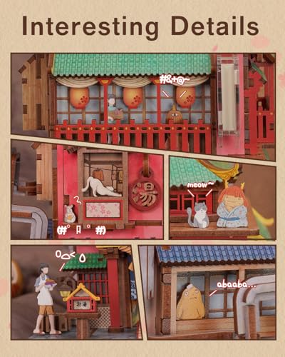 Image of Tonecheer 3D Puzzle Kit for Adults, DIY Wooden Model Building Set Desktop Storage Kit Box Japanese Miniature Doll House, Home Decor Wood Craft Auto-Sensing Gift for Christmas Birthday (Onsen Saga)