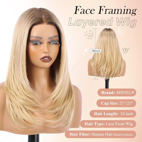 Image of EMMOR Human Hair Wig for Women 13x5x1 Inch HD Lace Front Wig 18 Inch Layered Glueless Wigs Pre-Plucked Hairline Human Hair Blend Premium Synthetic Fiber for Everyday Wear(Ombre Light Blonde)