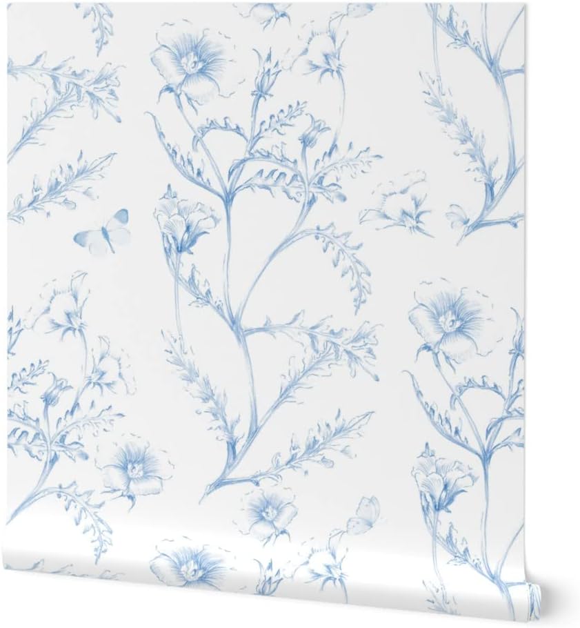 Spoonflower Commercial Grade Wallpaper 27ft x 2ft - Flowers Butterfly Summer Blue White Botanical Toile Wild Meadow Traditional Wallpaper