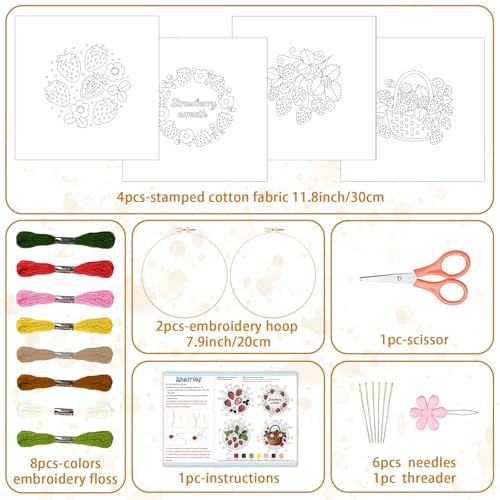 Image of BEUNITONE 4 Set Strawberry Embroidery Kit for Adult Beginners 7.9 inchx7.9 inch DIY Stamped Needlepoint Kits with Pre-Printed Designs, Complete Handmade Embroidery Craft for Relaxing Hobby and Home Decor
