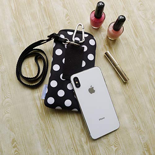 Image of Tainada 2-Zip Neck Phone Pocket Bag w /Belt Loop (Black White Polka Dots) | For Men /Women; Water-resistant neoprene pouch, shockproof, lightweight, w /carabiner; Compatible with most of smartphones