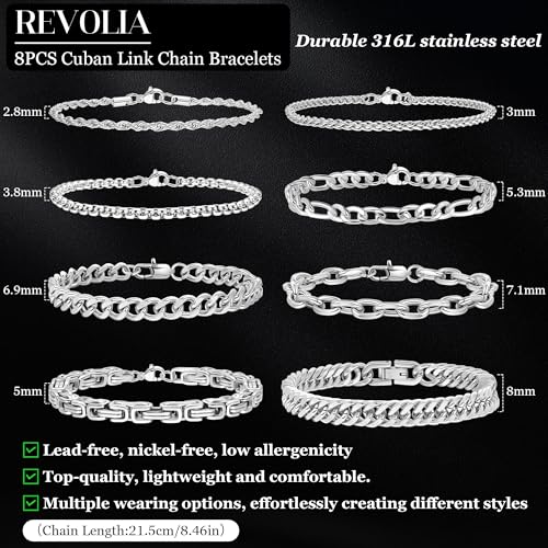 Set 8 pulseras de cadena de acero inoxidable para hombres y mujeres miniatura 2