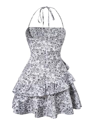 Image of Floerns Women's Floral Halter Ruffle Tiered Cute Summer Mini Dress Milkmaid Vacation Sundress