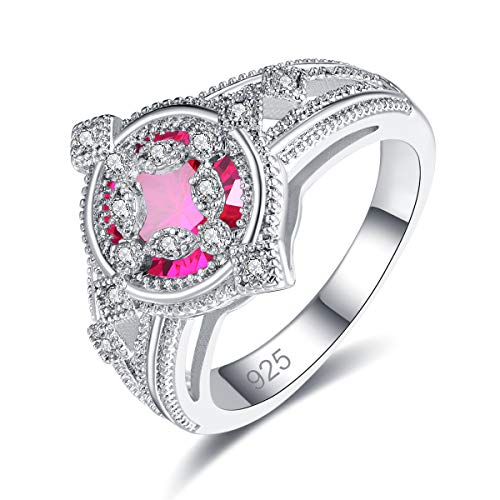 Emsione 925 Sterling Silver Plated Created Ruby Spinel Round Brilliant CZ Cut Cross Knot Anniversary Wedding Engagement Ring Band Size 7 Color Red