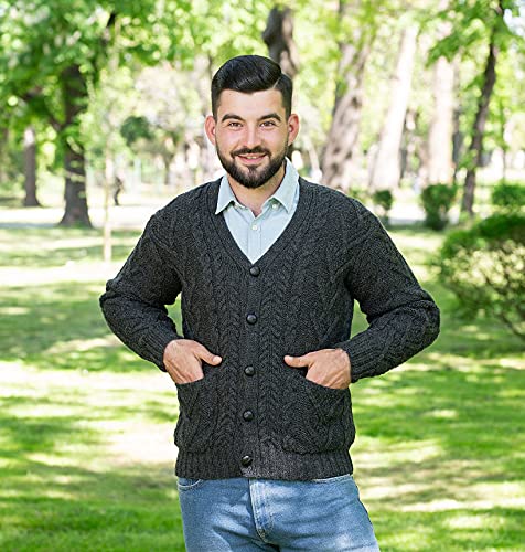 SAOL 100% Merino Wool Men's Aran Cable Knit V Neck Casual Irish Cardigan with Buttons and Pockets4
