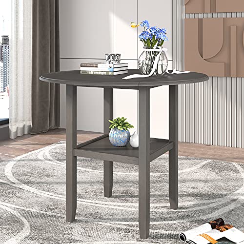 Image of Modern Rustic 3 Piece Round Counter Height Dining Table Set with with Drop Leaf Table,Bottom Shelf and 2 Padded Chairs,Wooden Kitchen Furniture for Small Places