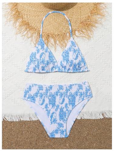 Image of RoseSeek Girl's 2 Piece Swimsuits Tie Dye Smocked Triangle Halter Cute Bikini Set High Waisted Bathing Suit Blue 13Y