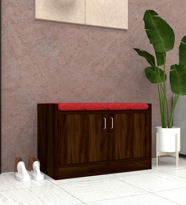 Image of SPECIALITY PANELS 2 Door Shoe Rack with Cushion | 2 Door Shoe Cabinet with Storage Bench | Shoe Organizer for Entryway Home | 75 x 49 x 37.5 cm Storage | DIY Assembly | Brown Finish with Red Cushion