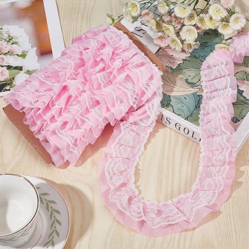 image for GORGECRAFT 11 Yards Pink Double-Layer Pleated Chiffon Lace Trim 5cm Wi