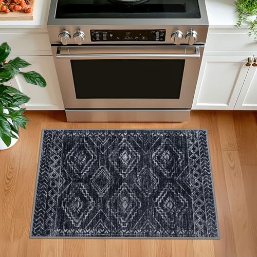 KILOCOCO Boho Entryway Rug 2x3 Printed Small Area Rug Indoor Door Mat Machine Washable Kitchen Rugs Super Soft Non Slip Throw Rugs for Bedroom Entrance Geometric Laundry Room, Black
