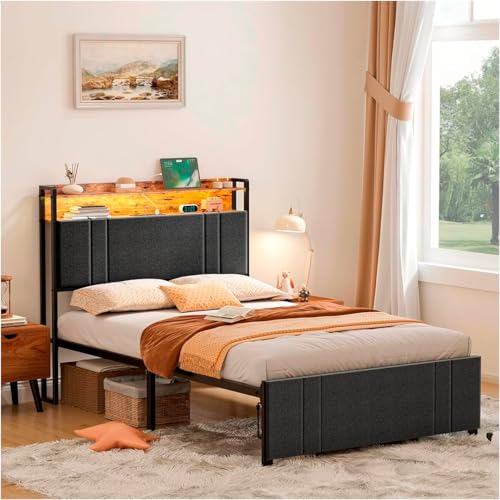 Reviews de Cabeceros , tabla con los diez mejores. 45 HOMELYA Base Cama Individual - Cabecera Acolchada con 2 cajones Frontales - Cabecera Individual con Luces, 1 Puerto USB y 1 Puerto C - Plataforma de Metal Antideslizante sin Ruido
