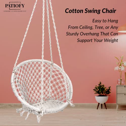 Image of Patiofy Cotton Netted Round Large Swing for Adults /Swing for Balcony /Swing Chair for Adults for Home /Hammock Swing for Adults /Swing Chair Wooden /Without Hanging Kit (120Kgs Weight Capacity- White)