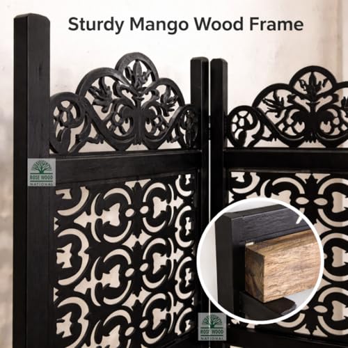 Image of Wooden Room Divider 6 Feet, 4-Panel Folding Wooden Partition for Living Room, Office, Pooja Room, Restaurant, Kitchen & Balcony (2W x 1.82H Meters). (Black-Lattice)