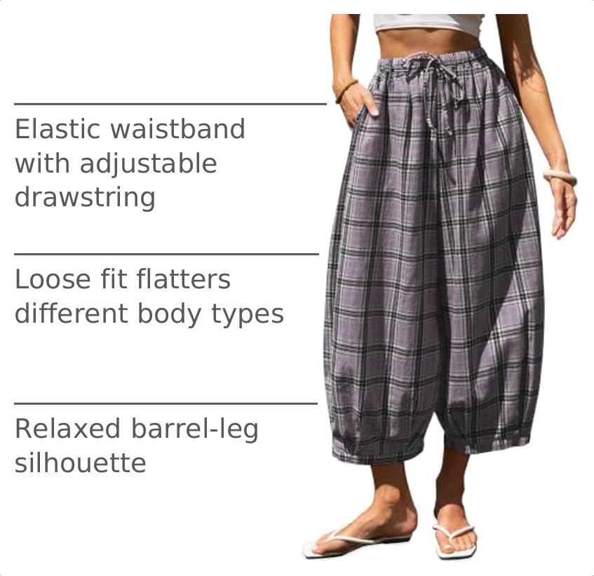 Image of TARSE Women's Plaid Cotton Linen Wide Leg Pants with Pockets