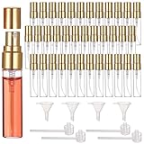 Lnrueg 100 Pcs 5 ml Mini Spray Bottles - 0.17 oz Refillable Glass Perfume Bottles, Portable Travel Sample Containers with Caps, Fine Mist Atomizers with 4 Funnels and 4 Dispensers, Gold