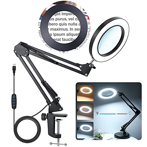 2-in-1 Magnifying Glass with Light and Stand, 8X Real Glass Magnifying Lamp with Stand 3 Color Modes 10 Stepless Dimmable Desk Magnifier for Close Work, Jewelry, Reading, Crafts, Hobby