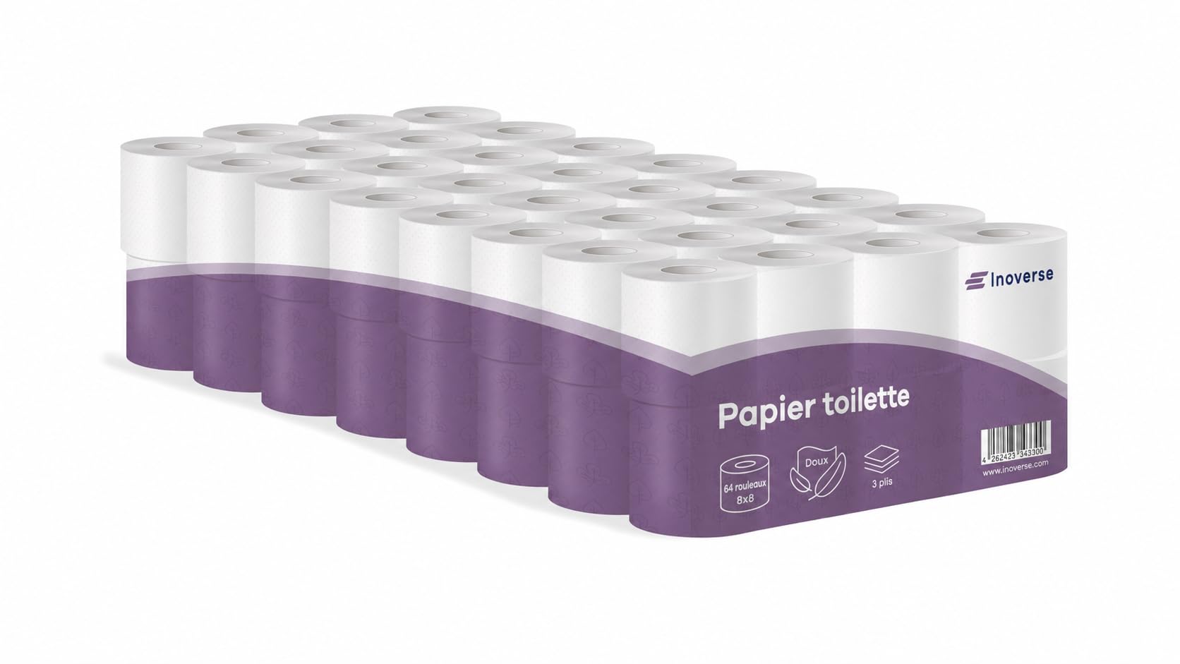 Inoverse Papier Toilette 64 Rouleaux – Papier Hygiénique WC 3 Plis Triple Épaisseur, 150 Feuilles par Rouleau, Doux et Résistant, 100% Cellulose, Grand Pack Familial | Papier toilette 100 % cellulose doux et absorbant pour la maison, le bureau et le comme