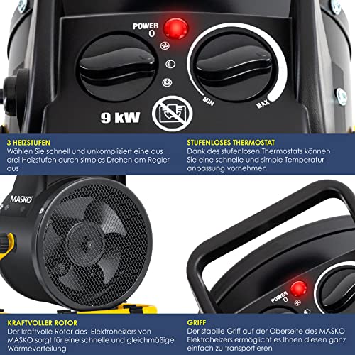 MASKO® Elektrische verwarming, ventilatorkachel, bouwverwarming, 9 kW, keramische warmtestraler, 9000 watt, elektrische verwarming, met thermostaat met 3 warmtestanden, elektrische verwarming, voor binnen en buiten - Afbeelding 6