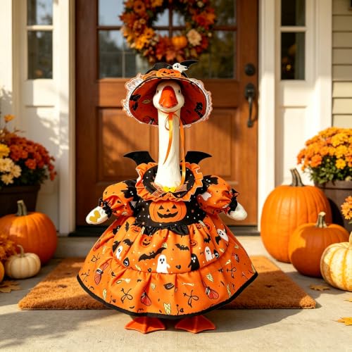 DJKGHCNR Porch Goose Halloween Outfit Pumpkin Witch Costume, 23 Inch Porch Goose Outfits with Orange Dress, Bat Wing Collar Witch Hat, Halloween Goose Outfit for Goose Statue for Patio Yard Decor - image 5